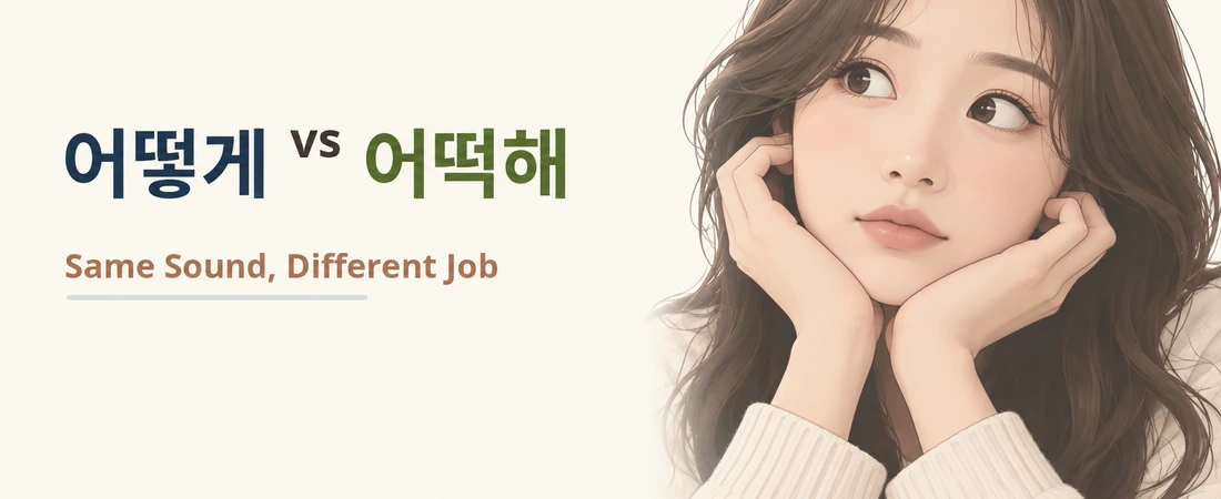 어떡해 vs 어떻게 featured image with the hook “Same Sound, Different Job” beside a thoughtful learner.