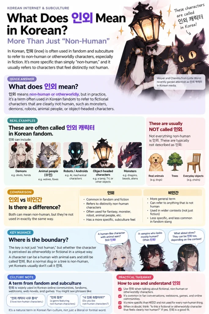 Infographic explaining the Korean fandom term 인외 with examples of non-human fictional character types and a comparison with 비인간.